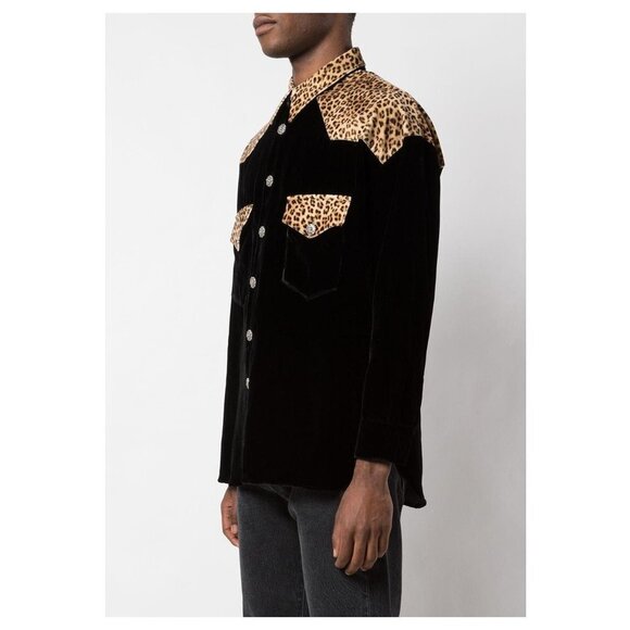 GARÇONS INFIDÈLES Leopard Trim Black Velvet Shirt